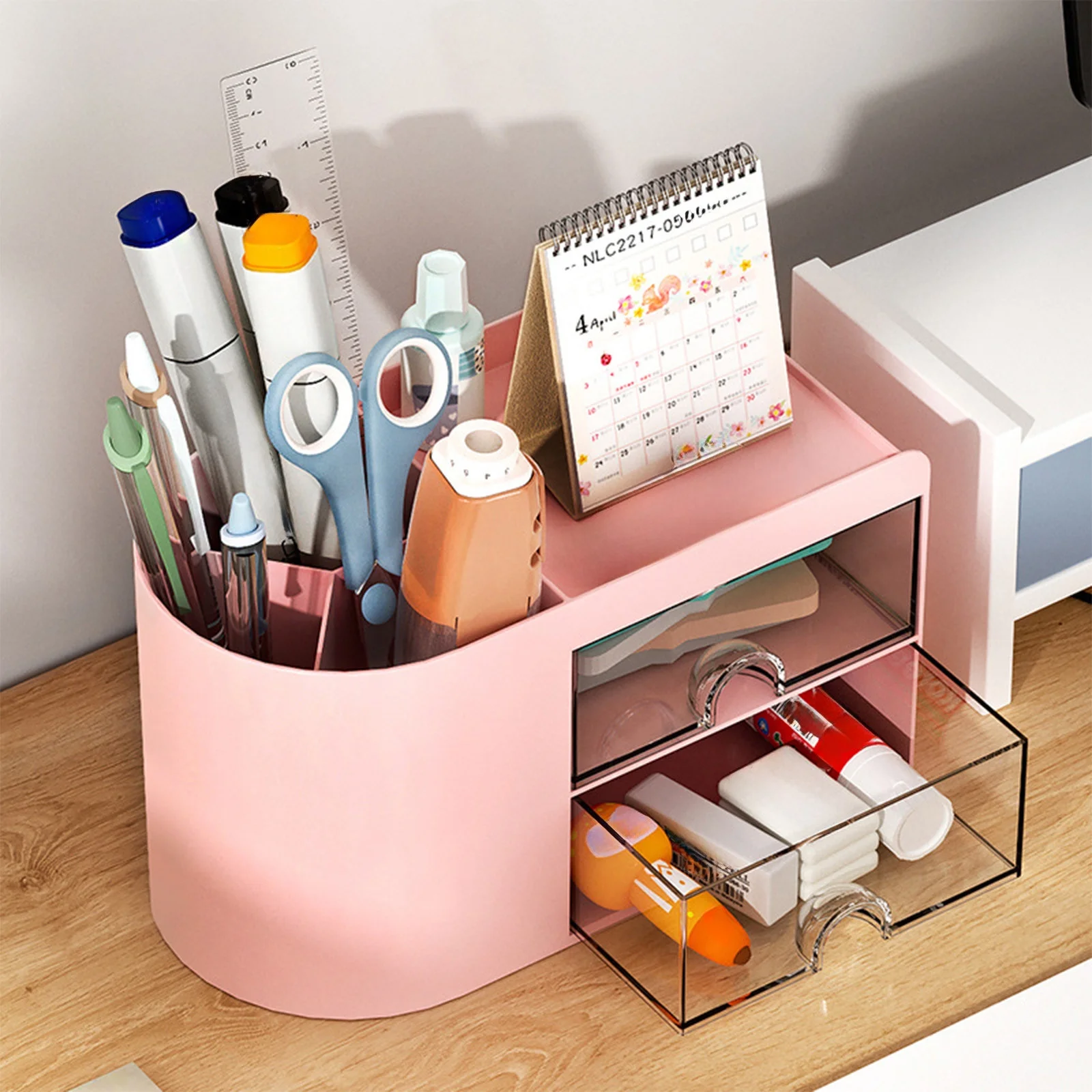 Fnochy Office Desk Organizer with drawer, Office Supplies and Desk Accessories, Business Card/Pen/Pencil/Mobile Phone/Stationery Holder Storage Box (Pink)